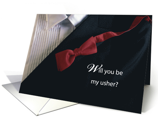 Will You Be My Usher Invitation with Red Tie and Tuxedo Wedding card
