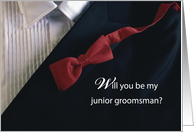 Will You Be My Junior Groomsman Wedding Invitation Red Tie and Tuxedo card