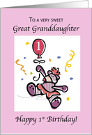 Great Granddaughter 1st Birthday with Teddy Bear and Pink Balloon card