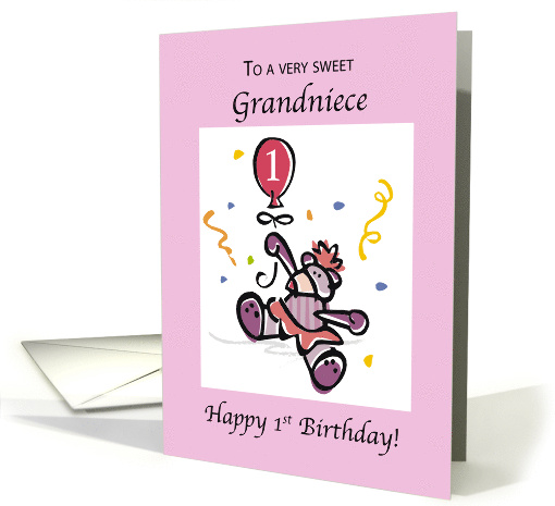 Grandniece 1st Birthday with Teddy Bear Holding Pink Balloon card