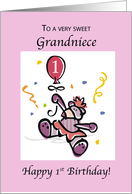 Grandniece 1st Birthday with Teddy Bear, Balloon & Confetti, First card