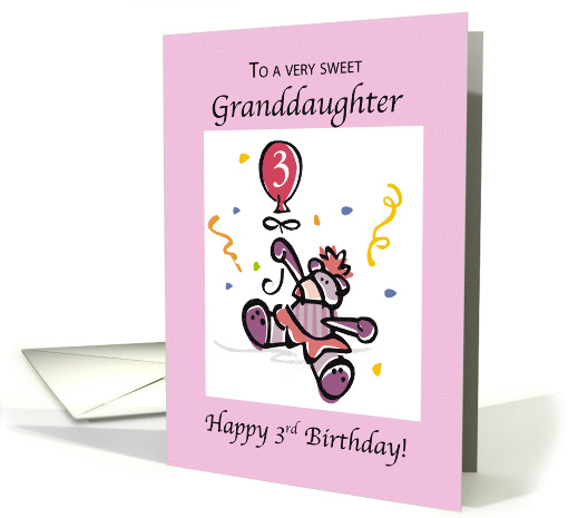 Granddaughter 3rd Birthday with Teddy Bear and Balloon Three Girl card