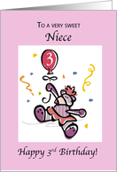 Niece 3rd Birthday with Teddy Bear Holding a Pink Balloon card