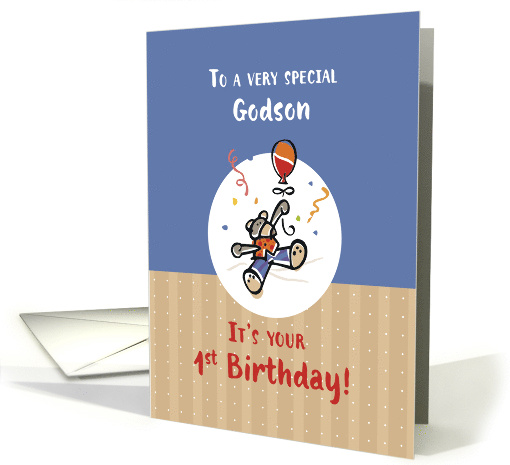 Godson 1st Birthday with Teddy Bear and Balloon card (371437)