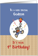 Godson 1st Birthday with Teddy Bear and Balloon card