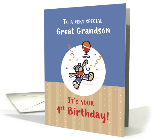 Great Grandson 1st Birthday with Teddy Bear &amp; Balloon, Toddler card