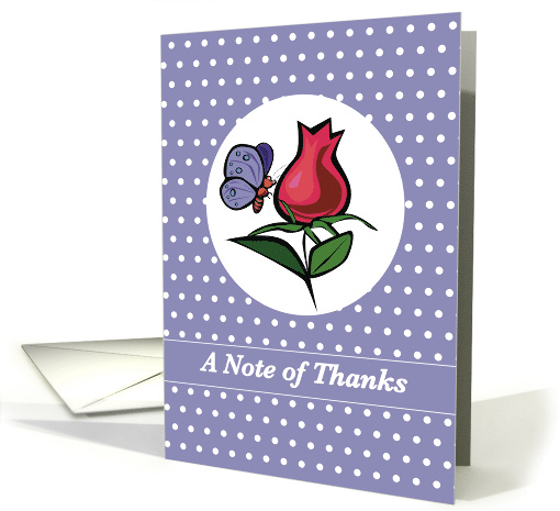 Thanks for Hospitality Butterfly on Red Rose Bud Purple Dots card