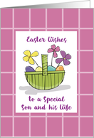 Son and Wife Easter Wishes Basket with Colored Eggs and Flowers card