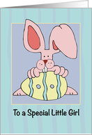 Little Girl Ear Resistible Easter Bunny with Colored Egg Holiday card