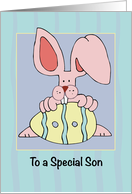 Son Easter with Ear Resistible Bunny and Colored Egg Holiday card