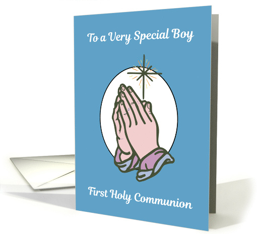 First Communion for Boy Praying Hands on Blue card (384123)