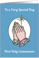 First Communion for Boy Praying Hands on Blue card