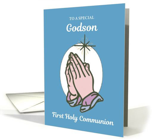 Godson First Communion Praying Hands on Blue card (384125)