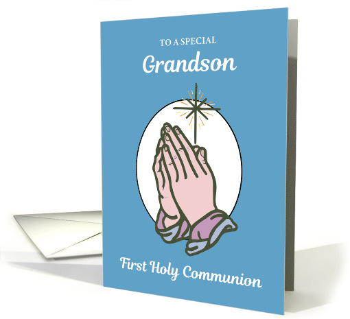 Grandson First Communion Praying Hands on Blue card (384131)
