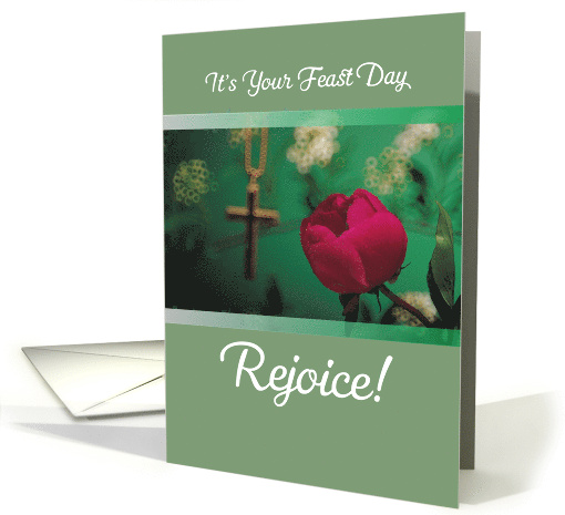Feast Day with Pink Rose and Cross on Green card (457833)