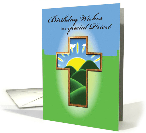 Priest Birthday with Cross and Countryside Illustration Religious card