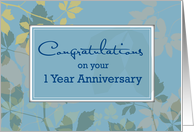 1 Year Employee Anniversary with Leaves on Blue Congratulations card