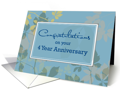 4 Year Employee Anniversary with Leaves on Blue Congratulations card