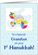 Grandson First Hanukkah Blue With Dreidel and Gifts card
