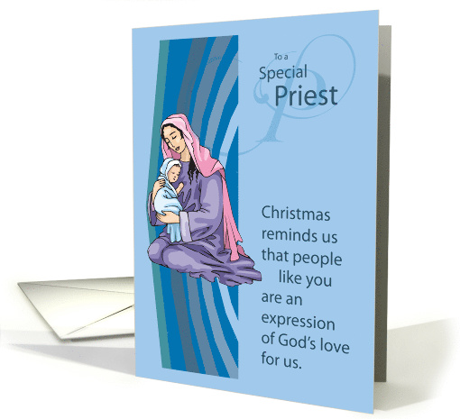 Priest Mary and Jesus on blue Christmas card (703043)