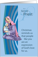 Priest Mary and Jesus on blue Christmas card
