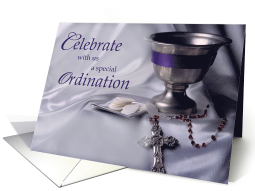 Ordination Invitation with Chalice Rosary and Hosts Religious card
