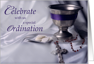 Ordination Invitation with Chalice Rosary and Hosts Religious card