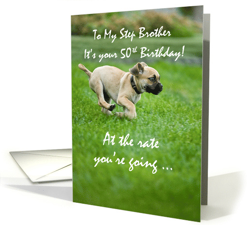 Step Brother 50th Birthday Funny Puppy Dog Running card (838139)