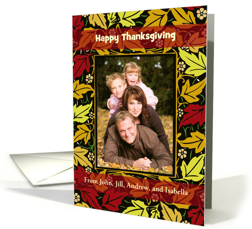 Photo and Customizable Name Thanksgiving Wishes with Leaves card
