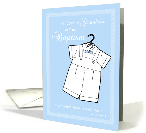 Grandson Baptism Congratulations Blue with White Outfit Religion card