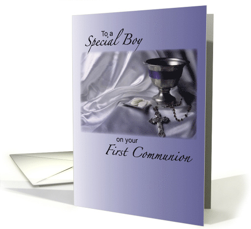 Boy First Communion with Chalice Rosary and Hosts on Blue... (915524)