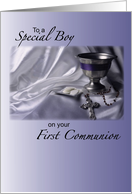 Boy First Communion with Chalice Rosary and Hosts on Blue Religious card