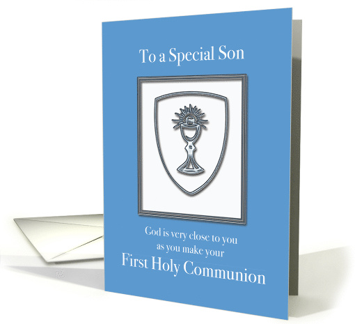 Son First Communion with Silver Looking Chalice on Blue card (915526)