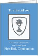 Son First Communion with Silver Looking Chalice on Blue card