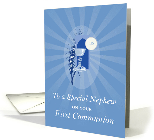 Nephew First Communion Chalice and Wheat with Blue Rays card (915528)