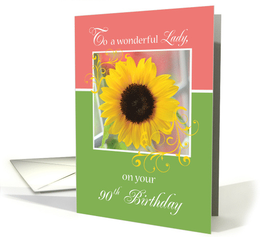 Lady 90th Birthday with Sunflower on Pink and Green card (930204)