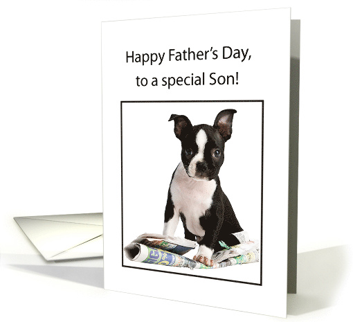 Son Happy Fathers Day Boston Terrier Dog with Newspaper Humorous card