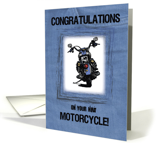 New Motorcycle Congratulations Illustration on Blue Jeans card