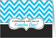 Blue Chevron Stripes on Black Gotcha Day celebration card