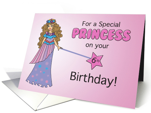 6th Birthday Pink and Purple Princess with Sparkly Look and Wand card