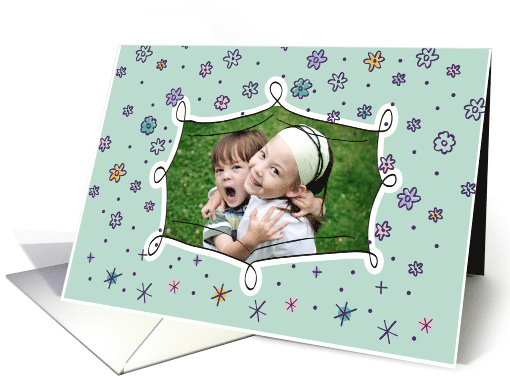 Gotcha Day Photo Custom Card Green with Flowers and Dots card (982115)