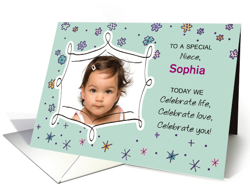 Niece Gotcha Day Photo Custom Card Green with Flowers and Dots card