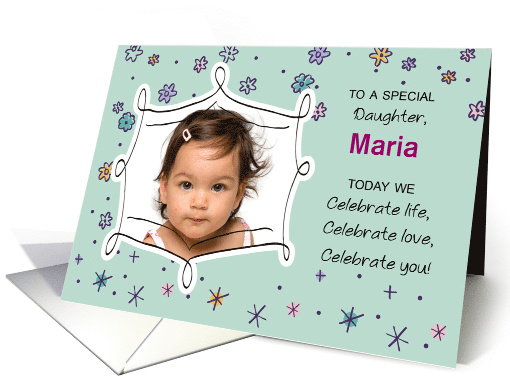 Daughter Gotcha Day Photo Name Custom Card Green Flowers Dots card