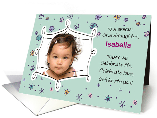 Granddaughter Birthday Photo Custom Name Isabella Flowers Dots card