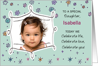 Daughter Birthday Photo Custom Name Isabella Flowers Dots card