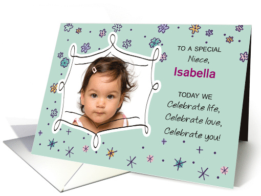 Niece Birthday Photo Custom Name Isabella Flowers Dots card (983531)