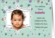 Niece Birthday Photo Custom Name Isabella Flowers Dots card