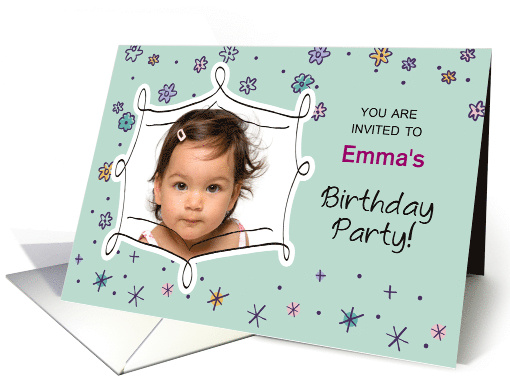 Birthday Invitation Photo Custom Name Emma Flowers Dots card (983735)