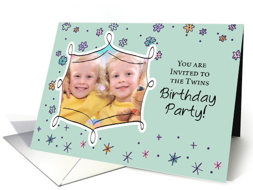 Twins Birthday Invitation Photo Custom Personalized Flowers Dots card
