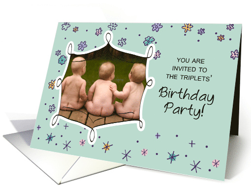 Triplets Birthday Invitation Photo Custom Personalize Flowers card